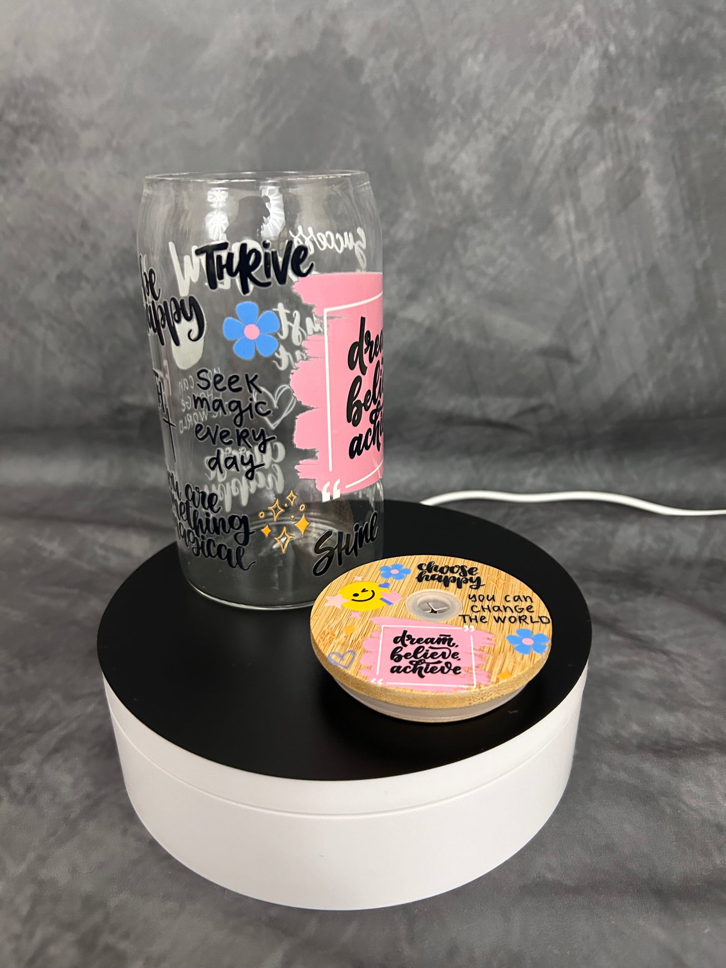 Dream, Believe, Achieve Glass Can with UV Resin Bamboo Lid