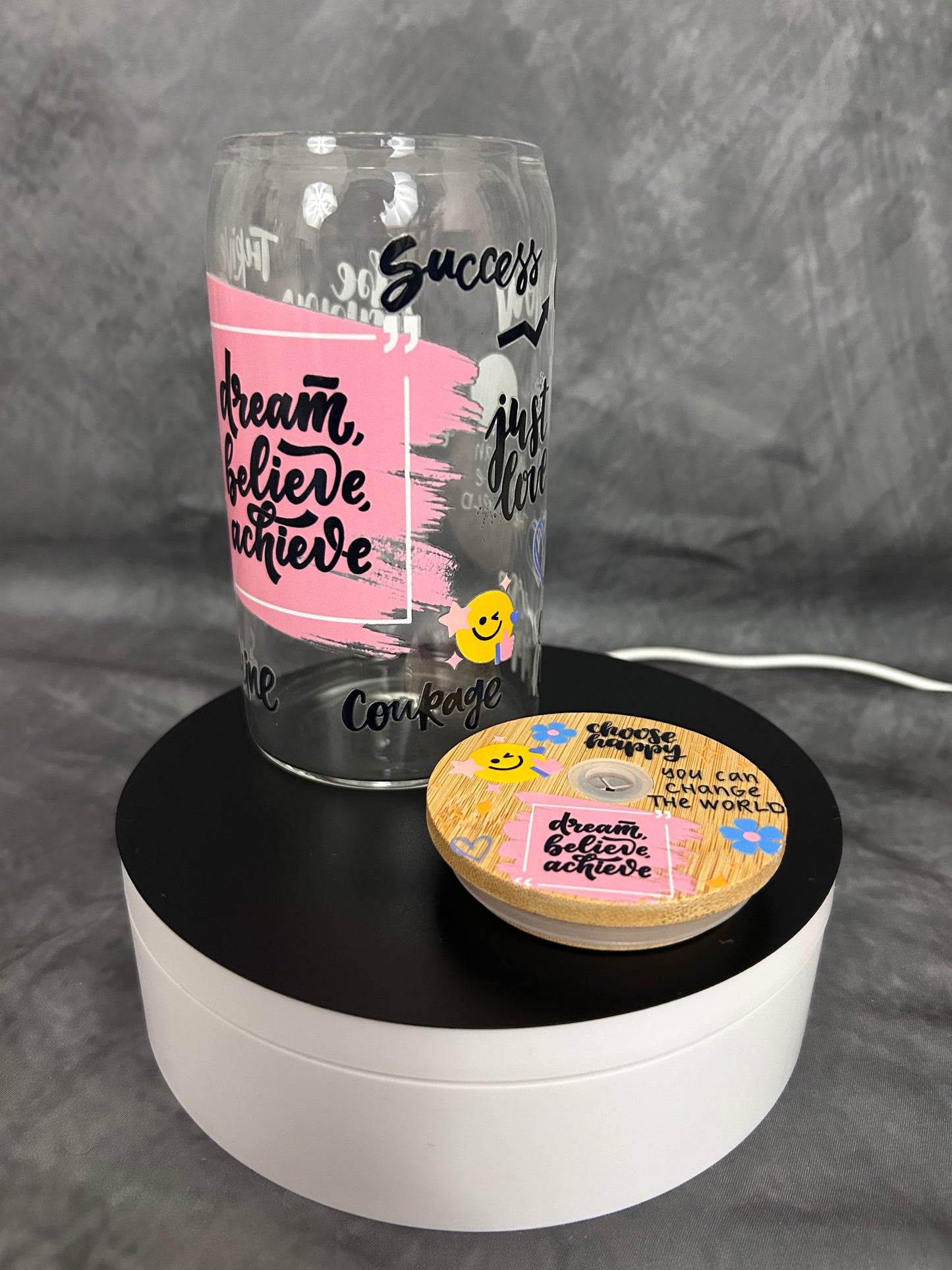 Dream, Believe, Achieve Glass Can with UV Resin Bamboo Lid