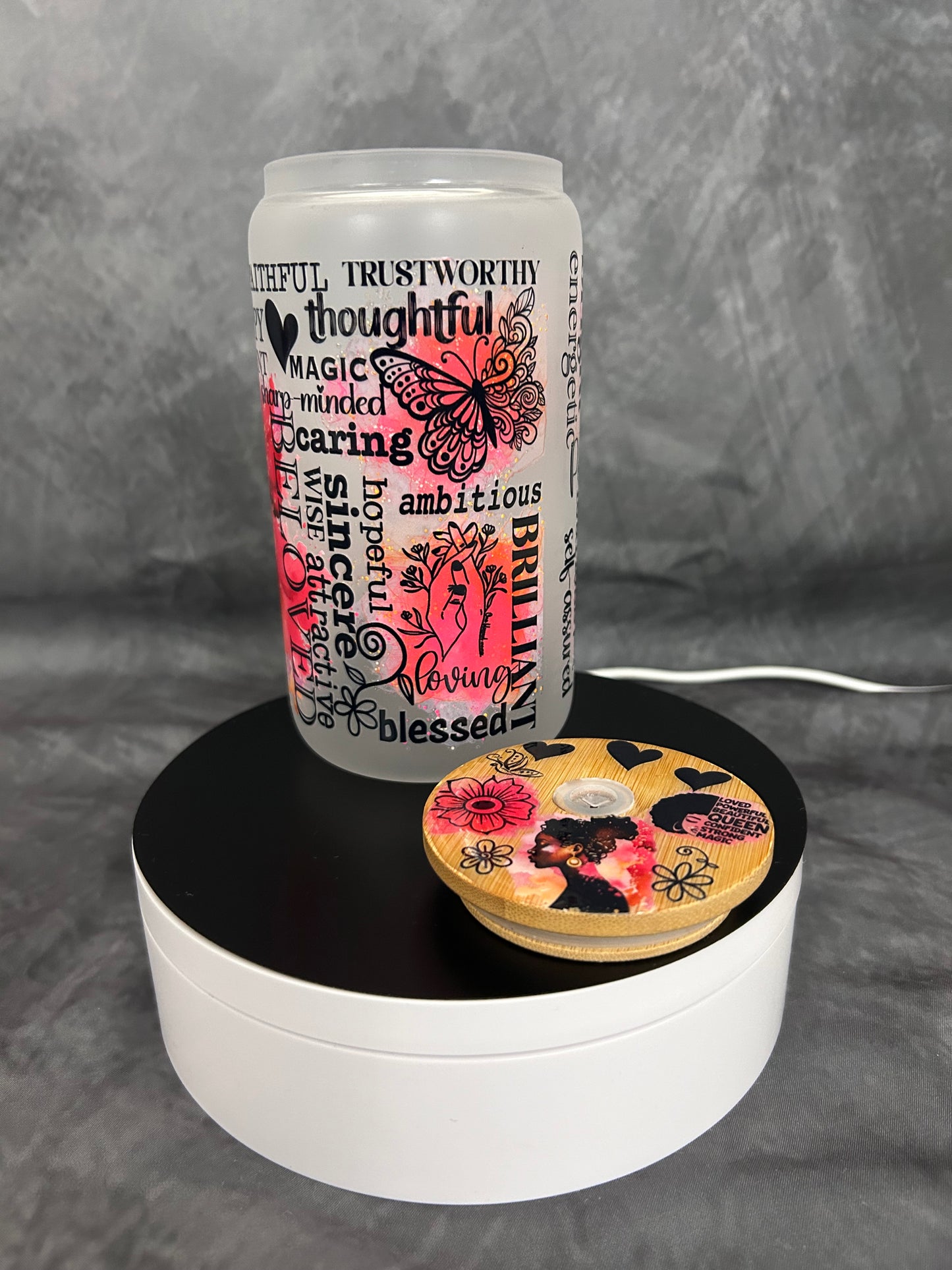 Beloved Glass can with UV Resin Bamboo Lid
