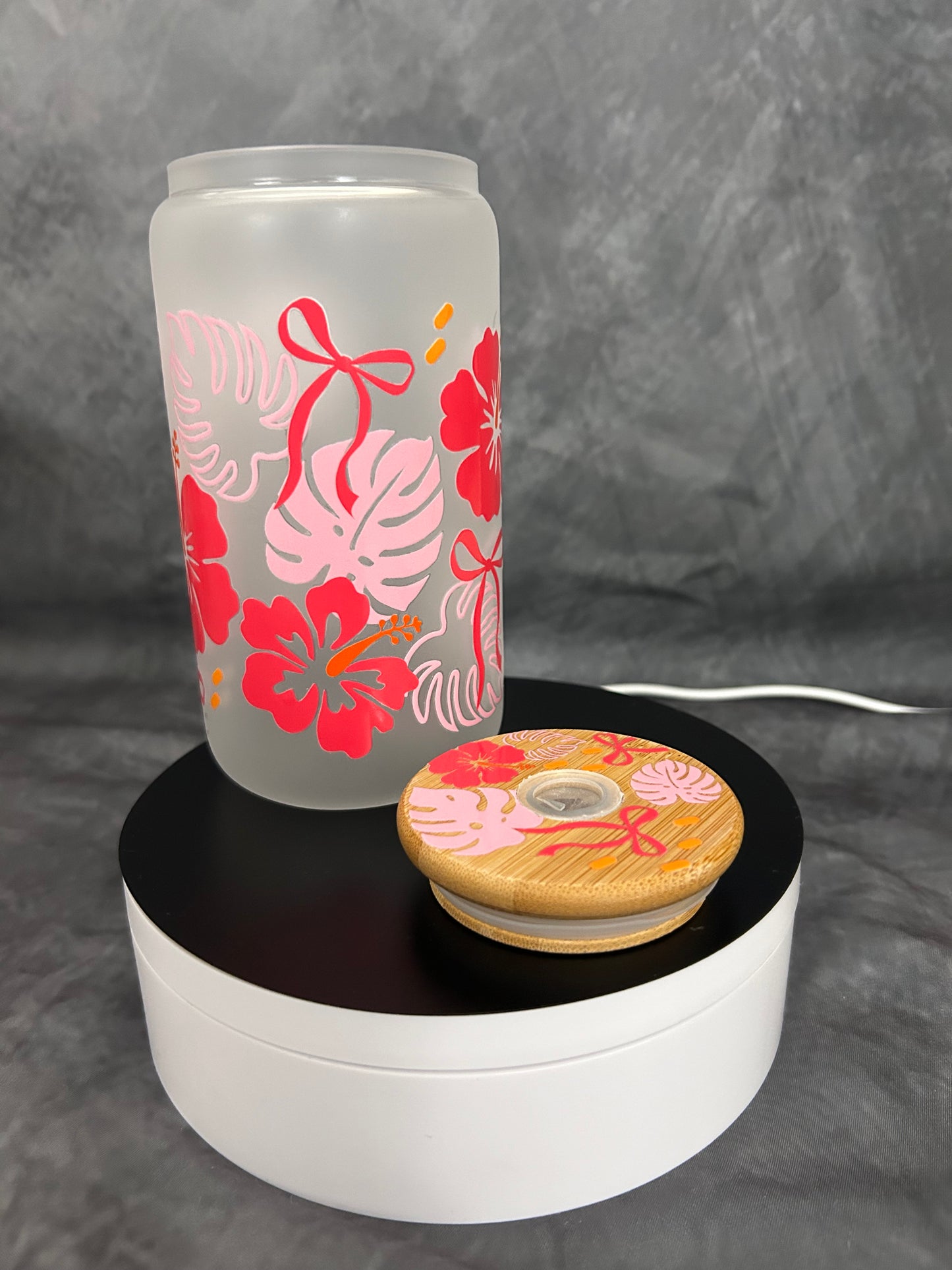Pink Hibiscus Glass can with UV Resin Bamboo Lid