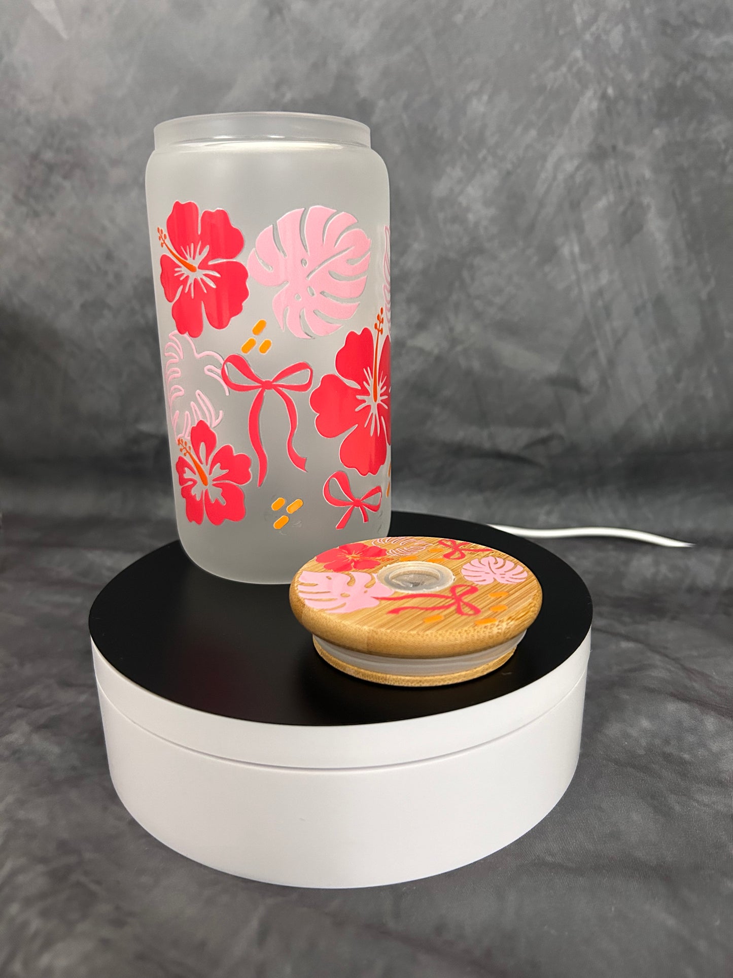 Pink Hibiscus Glass can with UV Resin Bamboo Lid