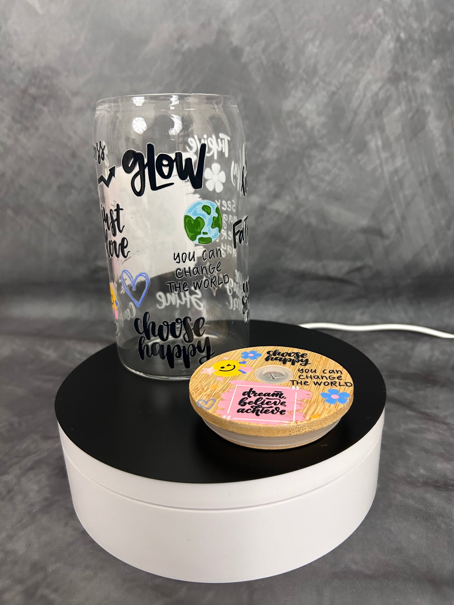 Dream, Believe, Achieve Glass Can with UV Resin Bamboo Lid