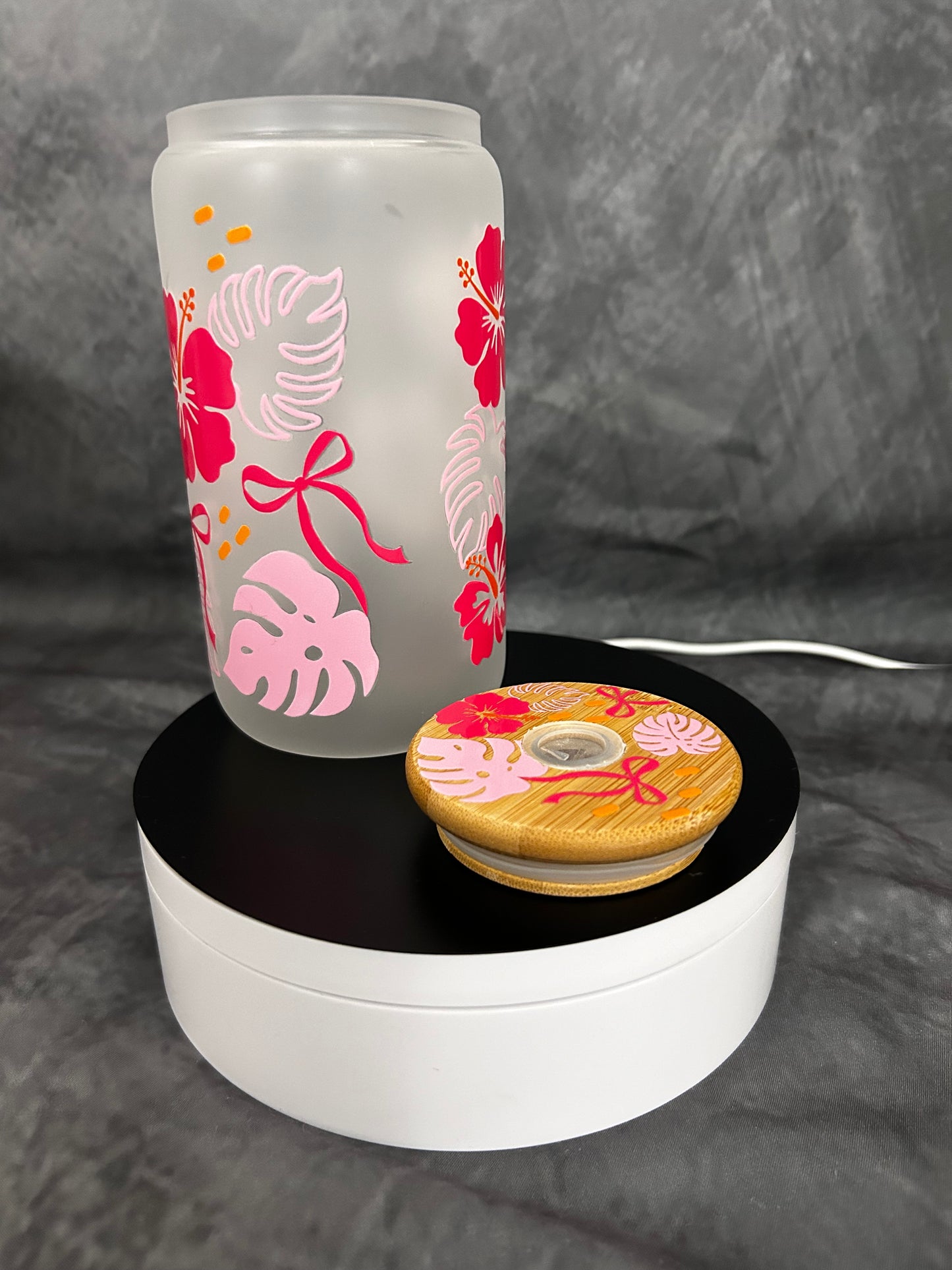 Pink Hibiscus Glass can with UV Resin Bamboo Lid
